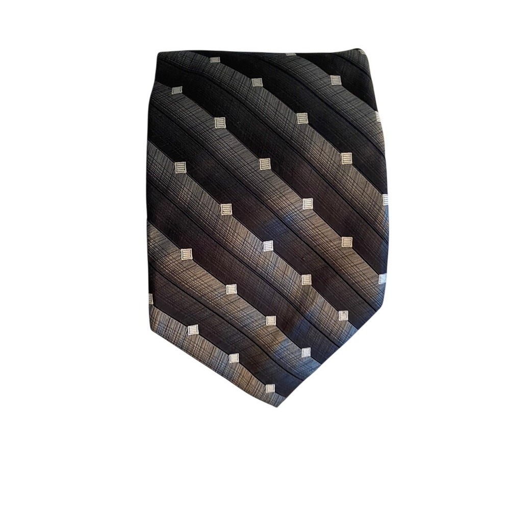 Burma Bibas Mens Silk Necktie Black Grey Diagonal Striped Geometric Square Print